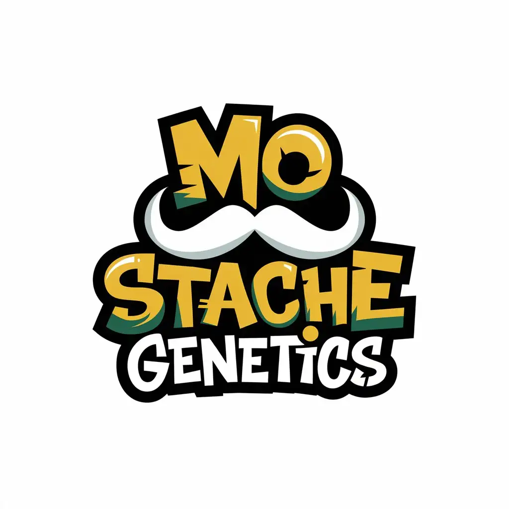 LOGO Design for Mo Stache Genetics Cartoon Moustache Graffiti Text with Black and Dark Green Background