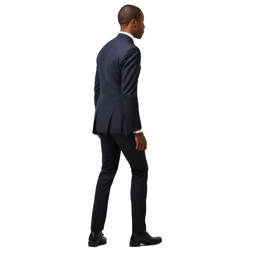 Back of a black man business executive wearing suit climbing staircase