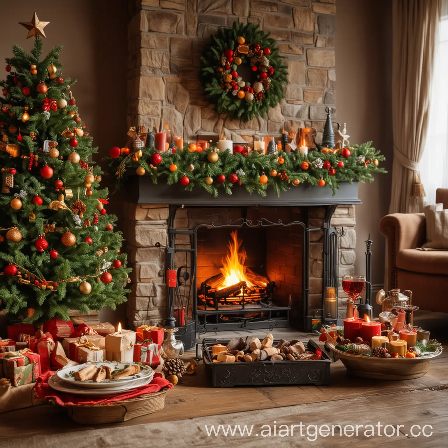 Christmas-Fireplace-with-Holiday-Dishes-and-Festive-Decor