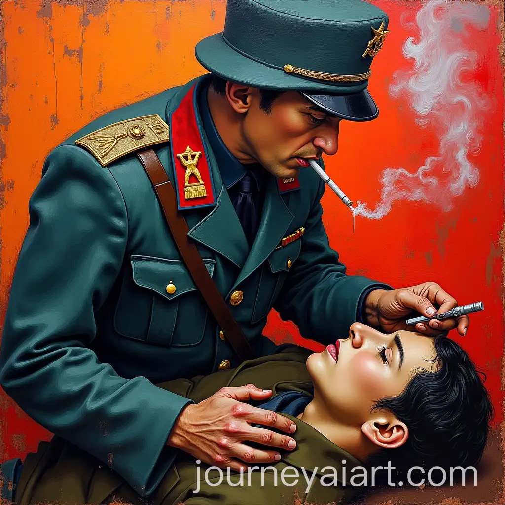 Expressionist-Painting-of-a-Soviet-Soldier-Holding-a-Person-with-Cigarette