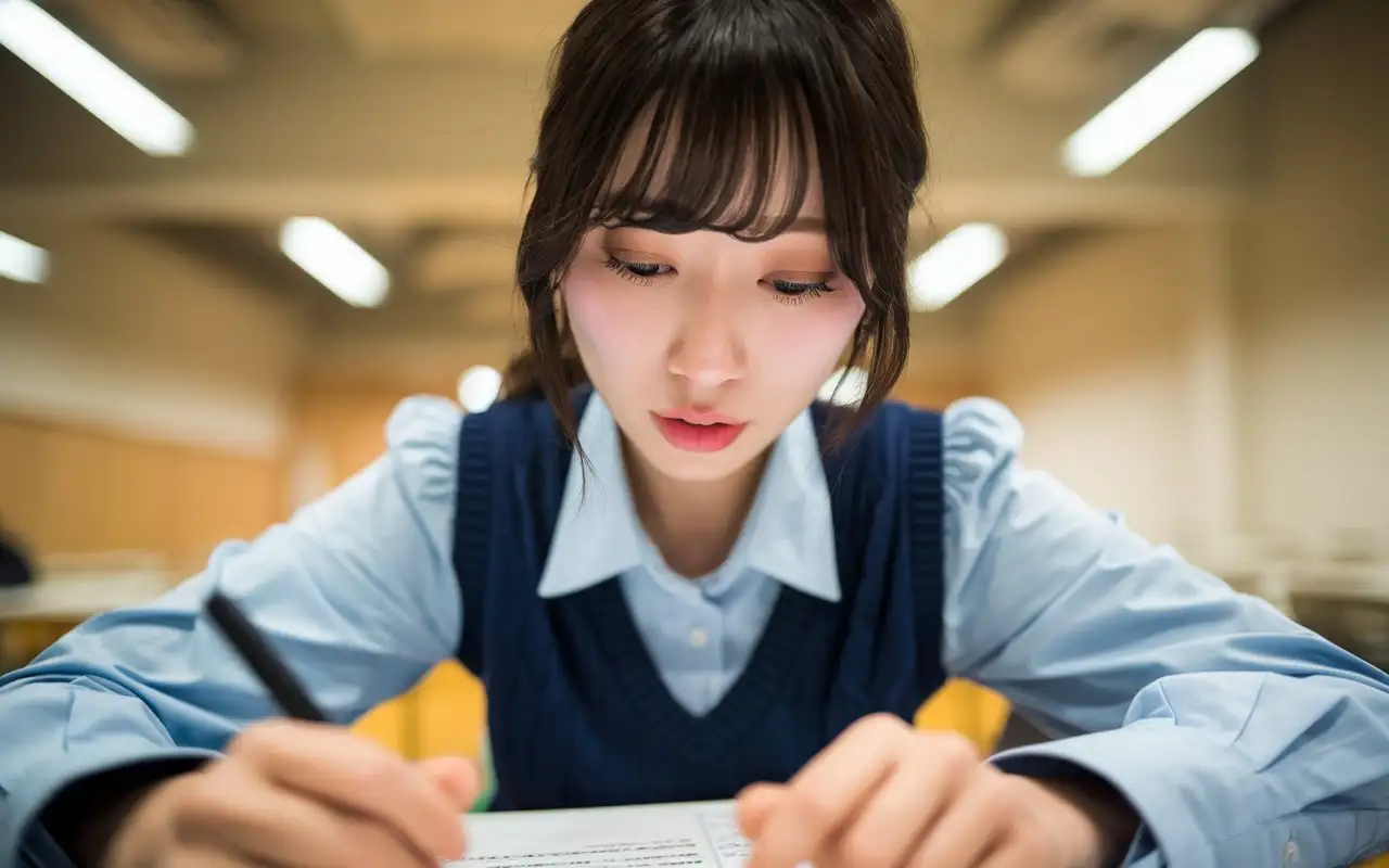 Confident-Shinjuku-Girl-Taking-an-Exam-from-a-Low-Angle