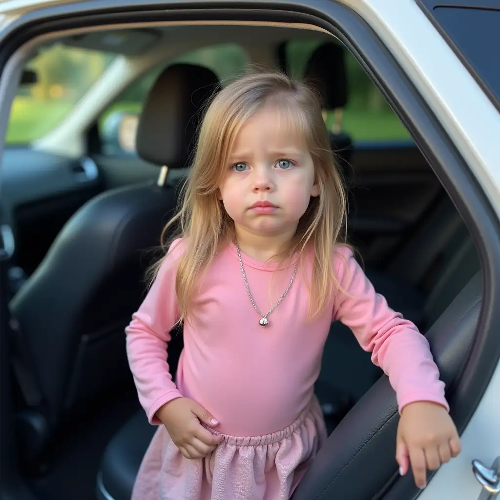 3-year-old Polish girl is standing on the passenger side of a car. She's wearing a pink shirt and a skirt. She looks sad.