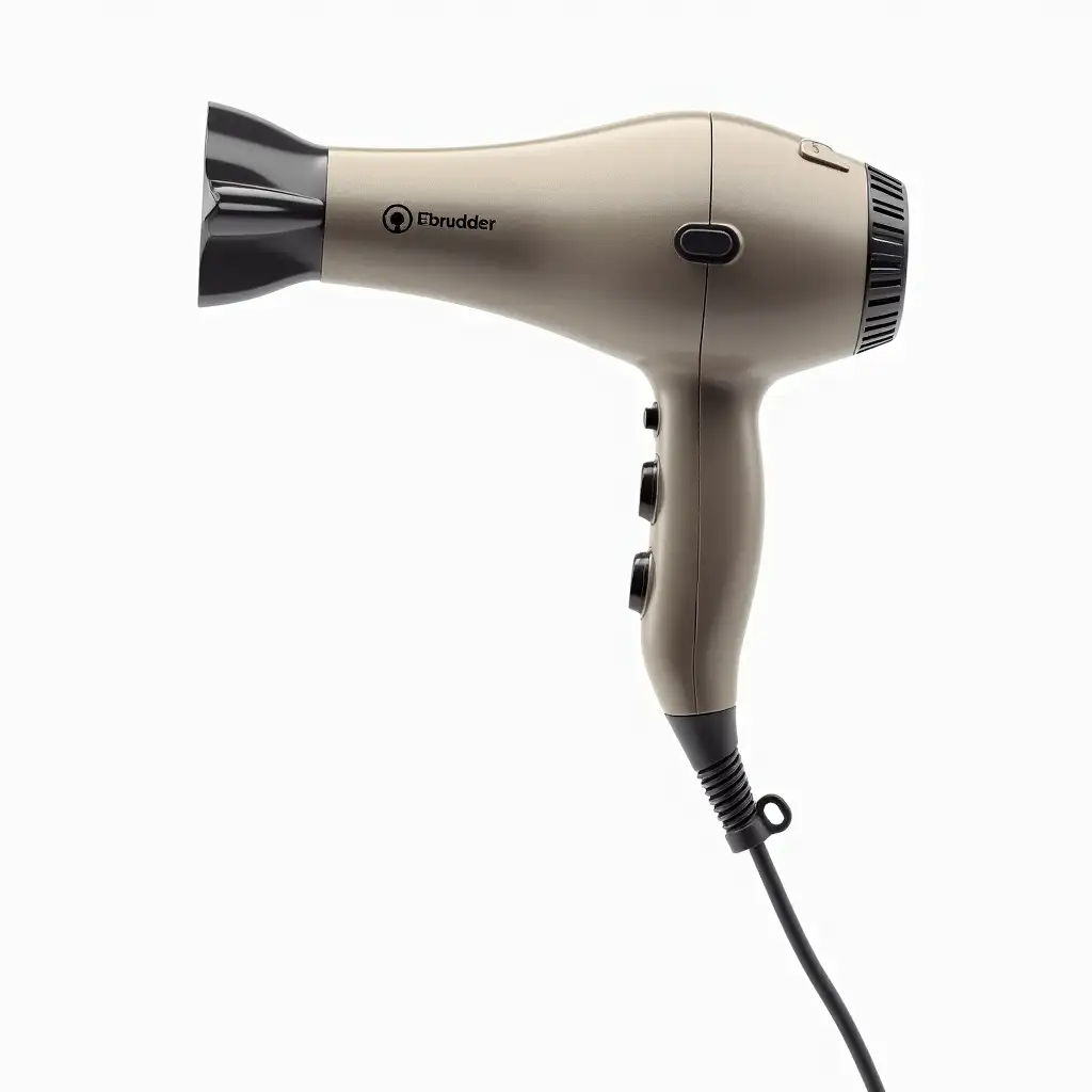 Create a surreal, hyper-realistic image of an actual hairdryer, with the top part perfectly resembling the head of a seahorse. The nozzle should be at the tip of the seahorse's head, smoothly integrated with the body, while the rest of the hairdryer retains its functional design, including buttons and controls along the handle. The handle should be designed as a sleek, modern hairdryer, with a realistic cord that connects at the base of the seahorse's tail, flowing naturally and having a lifelike texture. The surface of the hairdryer should be metallic with smooth, polished details, and the texture should reflect light to emphasize the surreal design. The entire object should be set against a clean white background, with sharp focus on the unique blend of the hairdryer's functionality and the seahorse's natural form.