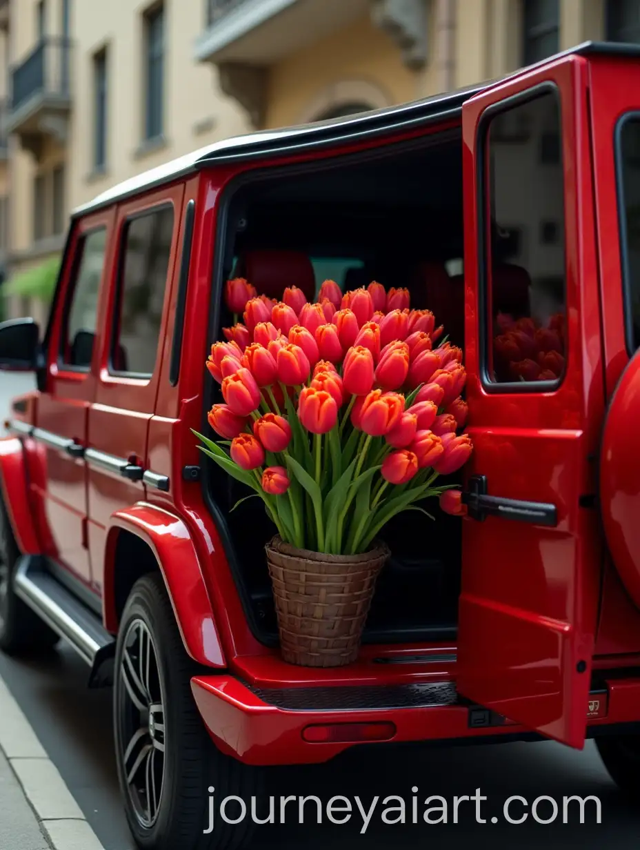 Luxurious-Red-Mercedes-GClass-SUV-with-Tulips-Overflowing-in-Urban-Setting