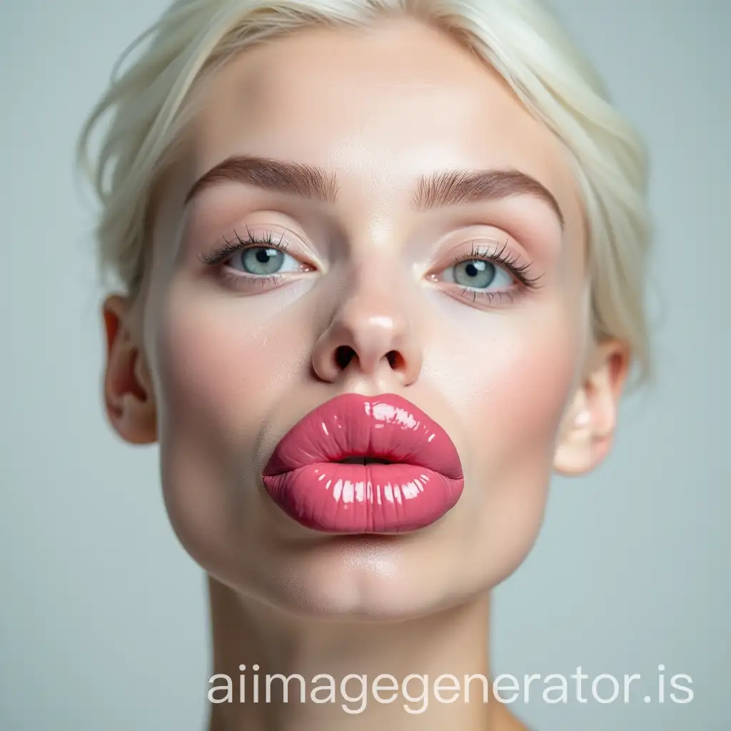 pretty woman with huge dramatic swollen lips, portrait, pretty, hd, centered, white skin, glossy make up, natural beauty, pink lips, frontal view, front view, blonde, white hair, extremely pretty, 50mm, close up to her face, no hair, albine