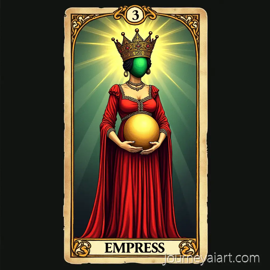 Tarot-Card-Empress-Pregnant-Woman-in-Ruby-Dress-with-Emerald-Glow-and-Golden-Ball