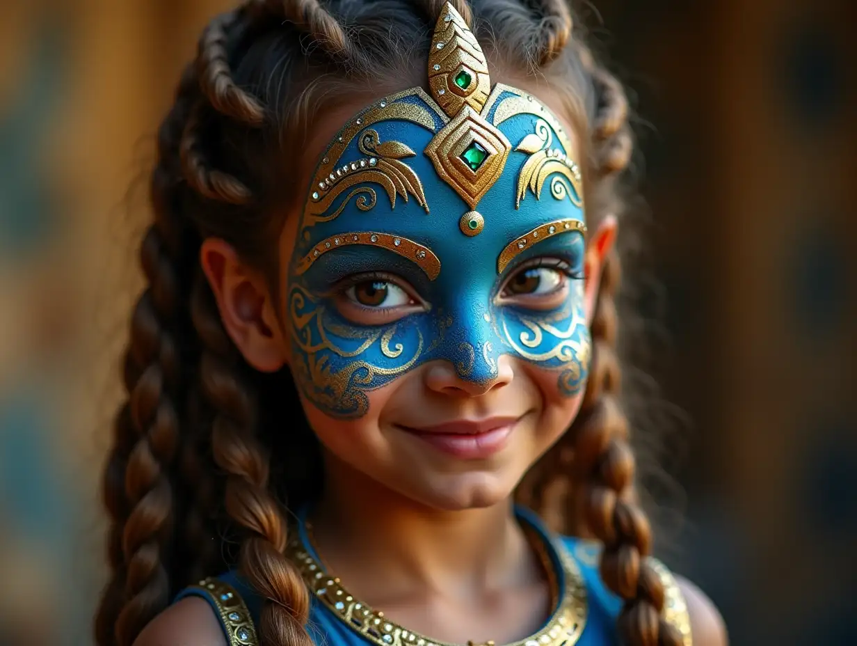 Young boy blue gold pattern fish with alien face,with golden braids hair, with a slight smile on his face,highlighting her smile,jewelry,in a temple many diamonds different shades 4k