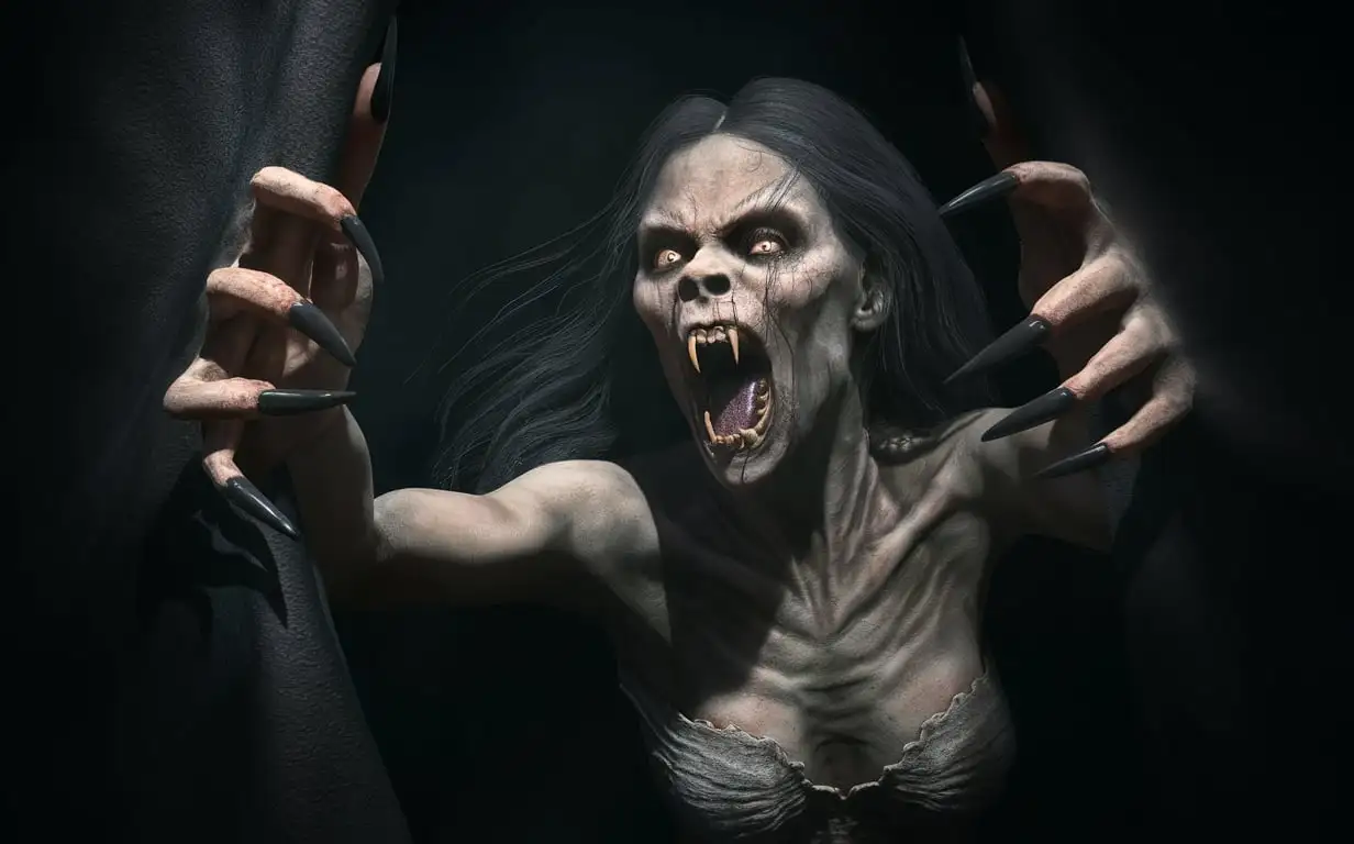 Monstrous Vampire Woman Emerging from Darkness