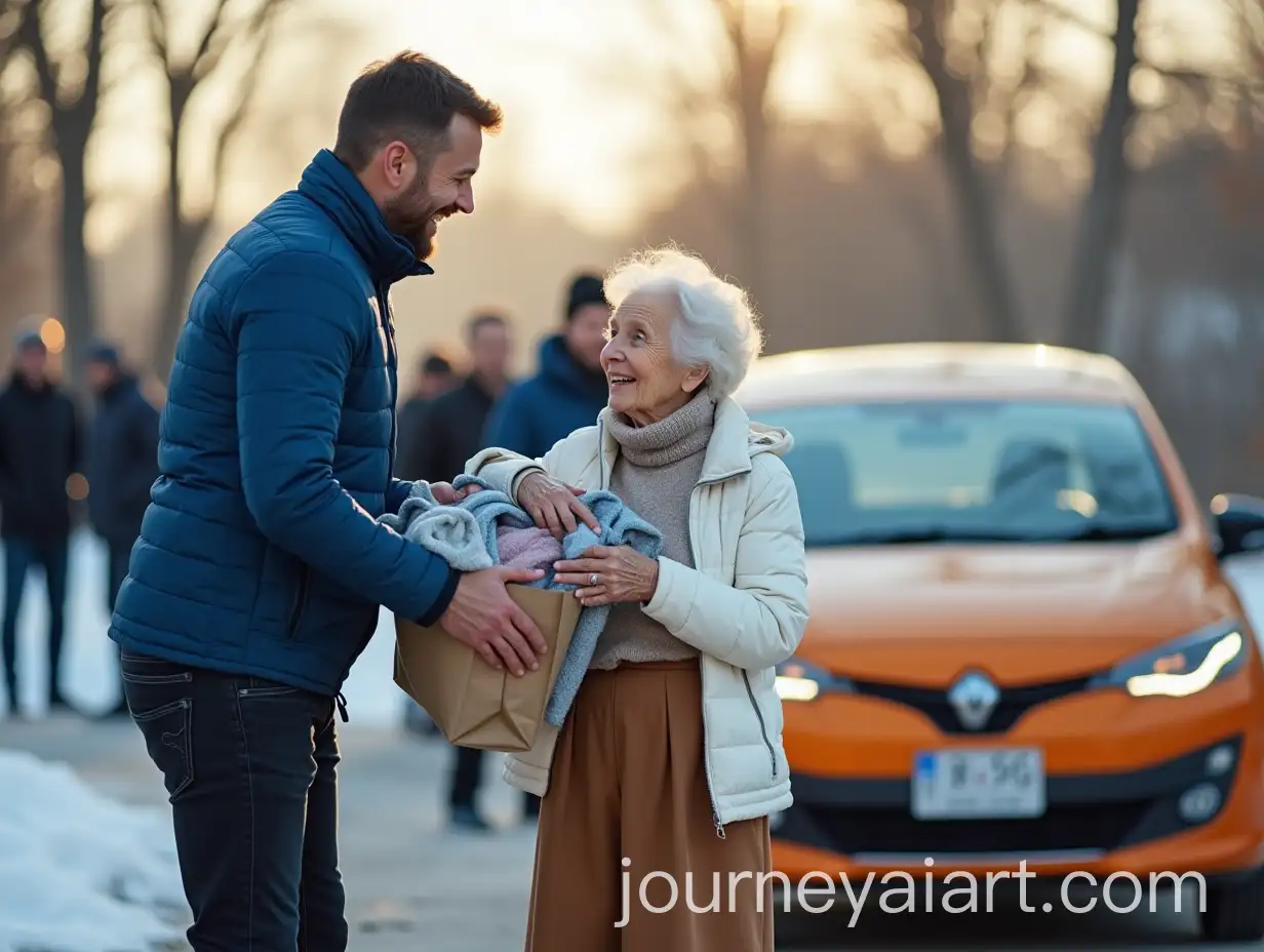 A-Man-Gifts-Clothes-to-His-Grandmother-on-a-Sunny-Winter-Day