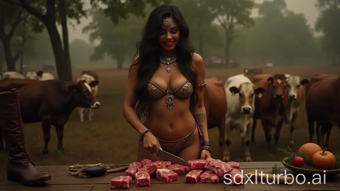 Indian-Woman-with-Thong-and-Boots-Chopping-Steaks-in-Dramatic-Setting