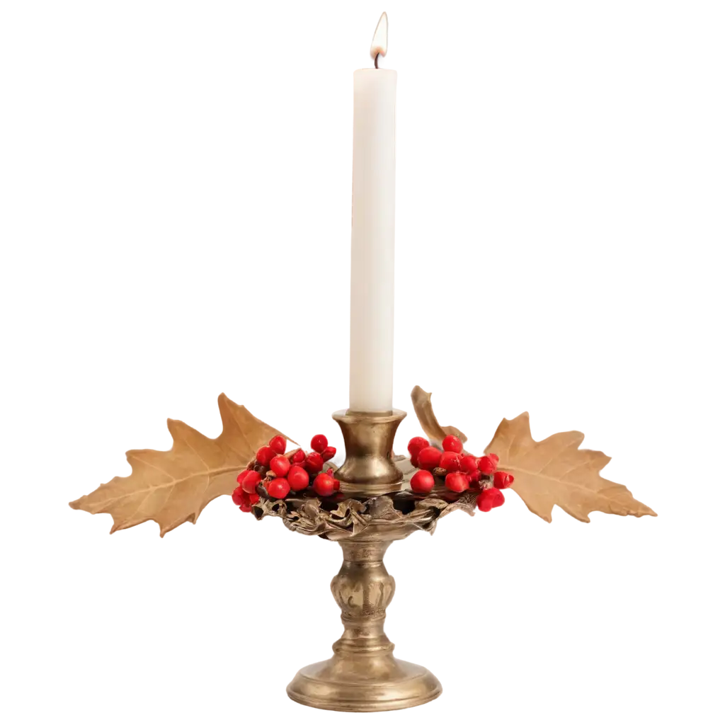 Burning-Candle-in-Brass-Candlestick-with-Oak-Leaves-and-Red-Berries-PNG-Image-for-HighQuality-Visuals