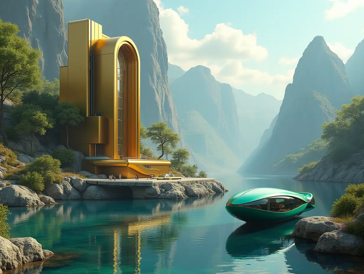 Create a high-resolution realistic image in 4k resolution a futuristic gold with black building with curved pillars,mountains large trees,rocks flowers a futuristic green boat with glass window cloudy sky