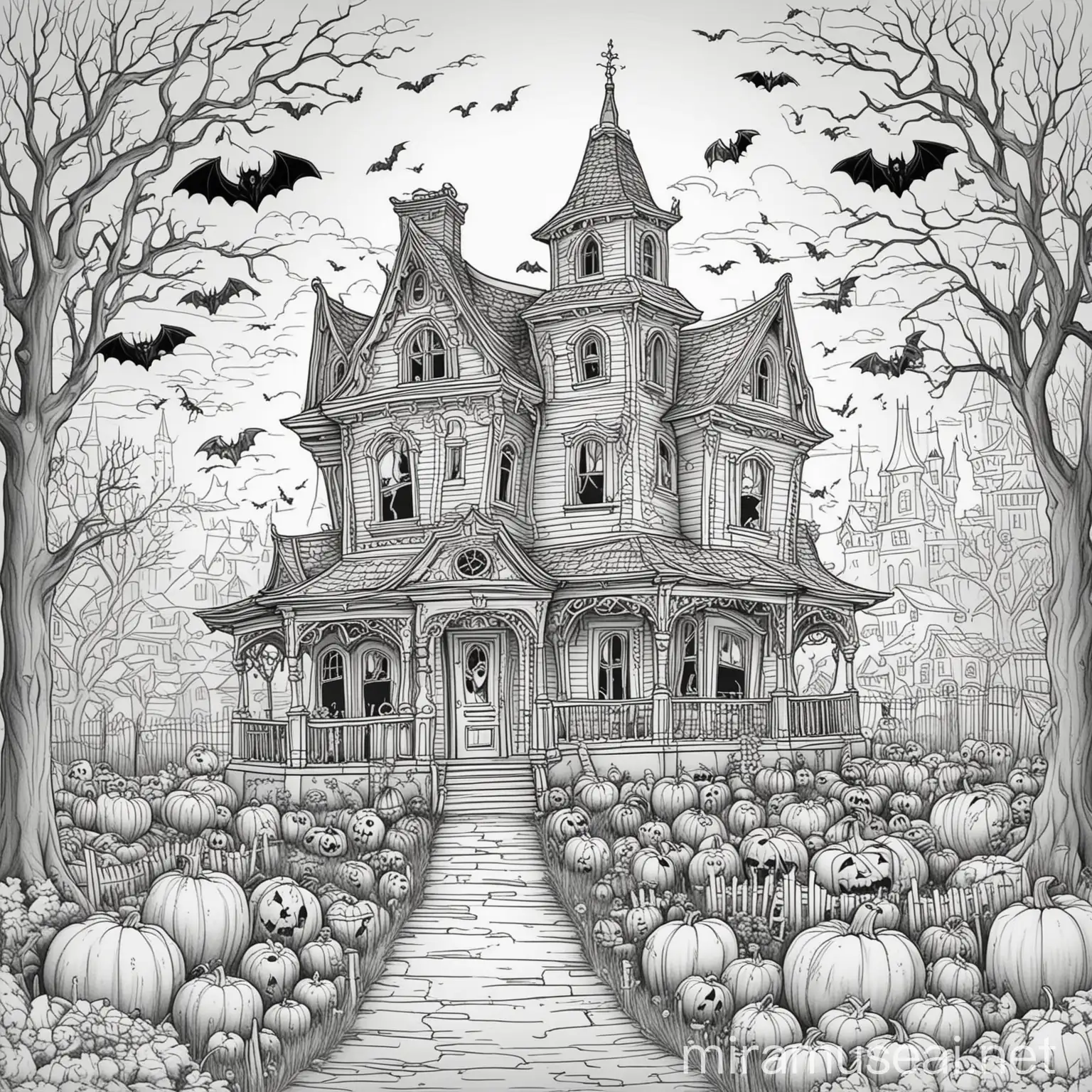 Halloween Coloring Book Page Spooky Haunted House with Flying Bats