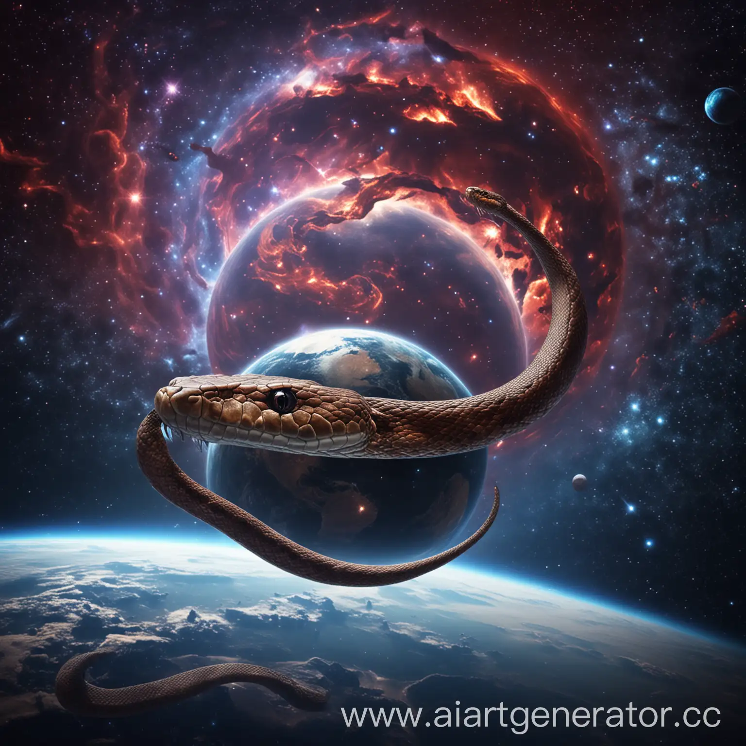 snake in astral space against the backdrop of a planet