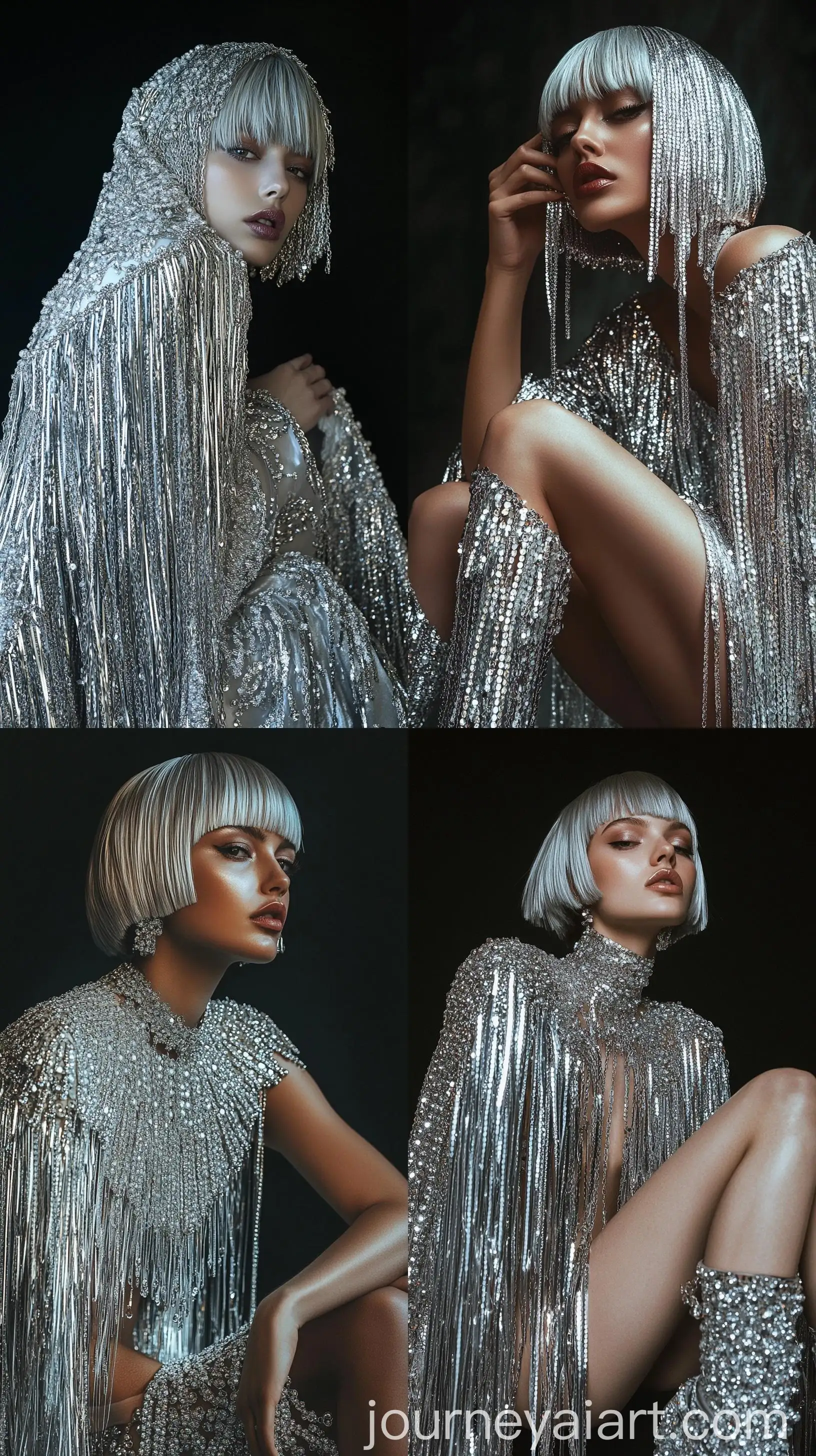 Fashion-Model-with-Silver-Bob-Hairstyle-and-Chain-Cape-in-Realist-Style