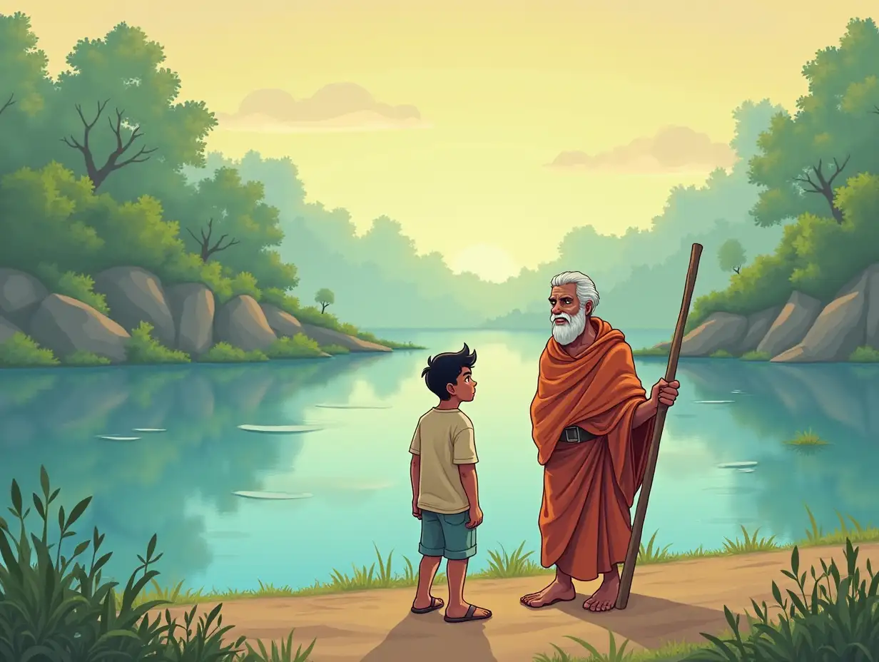 Short moral story titled 'By the River'. A boy named Rahul meets an old man near a river and learns about life from him.