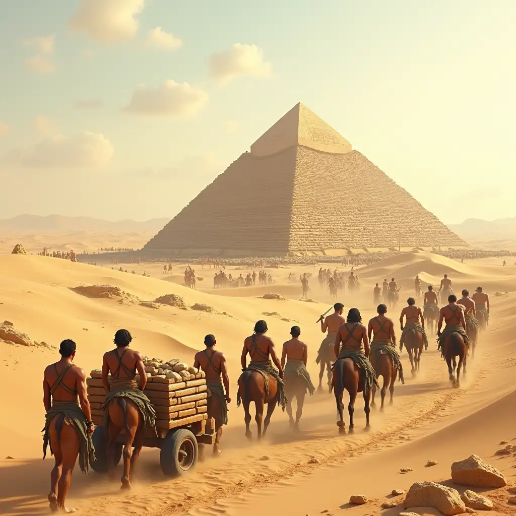 An ancient Egyptian scene set in the middle of a vast desert, bustling with activity. Strong, muscular men are pushing massive stone blocks, while others drive horse-drawn carts loaded with stones toward an unfinished pyramid...