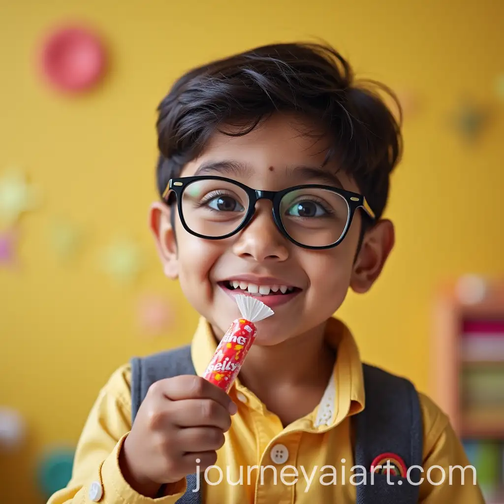 Indian-Child-Celebrating-Childrens-Day-with-Candies-and-Spectacles-at-School