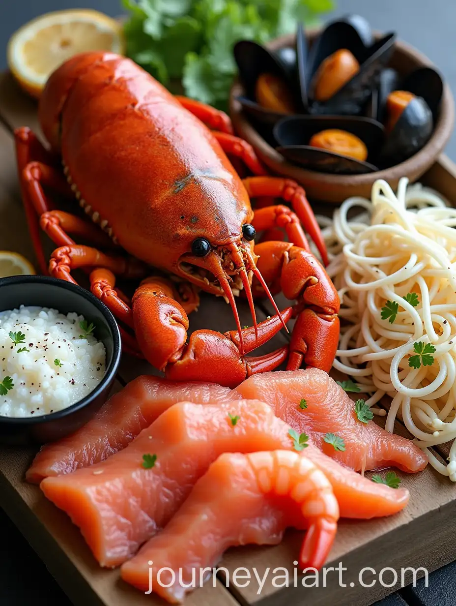 Seafood-Variety-Display-with-Crab-Lobster-Mussels-Salmon-Shrimp-Squid-and-Tuna