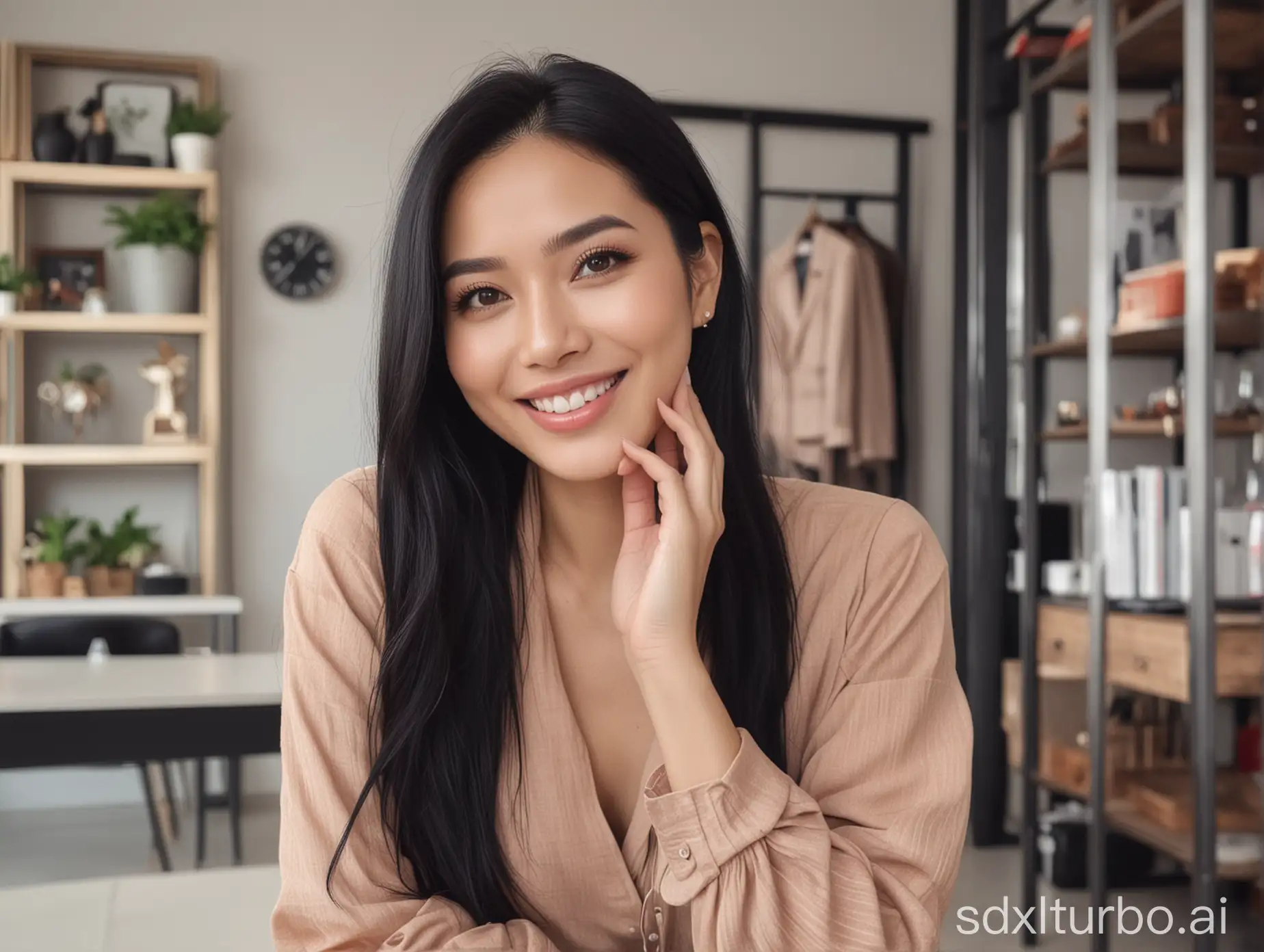 beautiful typical Thailand 33-year-old woman in a designer office smiling, Instagram model, long black hair, warm, black eyes, height 6 feet, female, masterpiece, 4k, correct fingers or hands, modern clothes