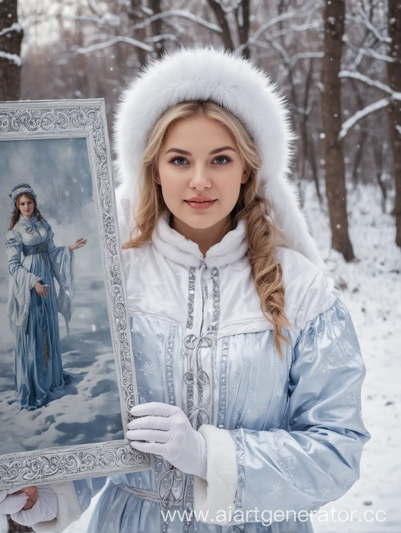 Snow-Maiden-Holding-a-Portrait-in-a-Winter-Park