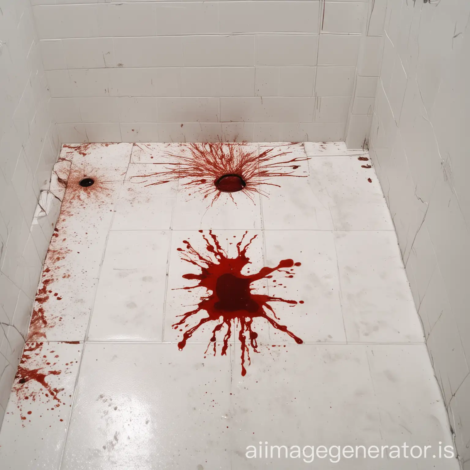 A realistic white bathroom floor with a blood stain on it