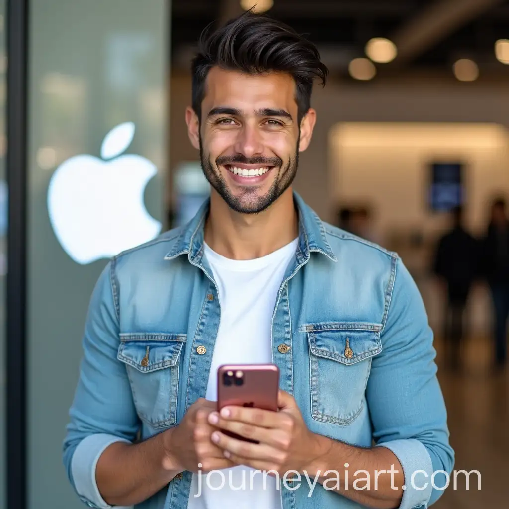 Smiling-Latin-Man-Holding-iPhone-in-Modern-Tech-Store