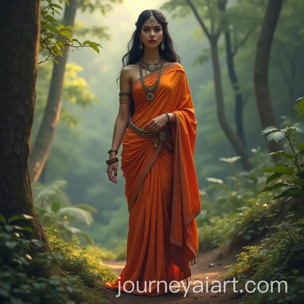 Gorgeous-Goddess-Parvati-in-Saree-Standing-in-Forest-Valley