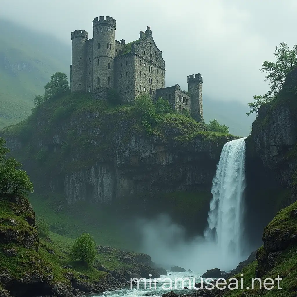 Ruin Castle with Waterfall Scene