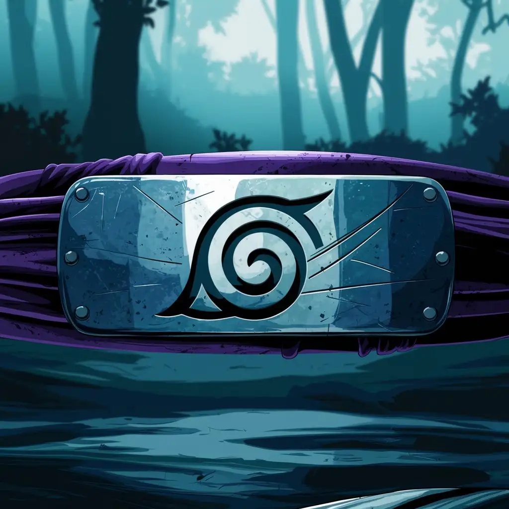 Create a high-resolution digital illustration of the Hidden Leaf Village symbol (Konoha) from Naruto, based on the provided reference. The symbol should be rendered in clean, bold lines in its traditional spiral and leaf shape. Place the symbol centered on a weathered, metallic ninja headband plate with rivets on the sides, showing scratches and subtle dents from years of battle. Use soft lighting with shadows and reflections to add depth and realism. The background should be a misty forest or cloudy sky to evoke the Hidden Leaf Village environment. Style should be anime-inspired with cinematic atmosphere