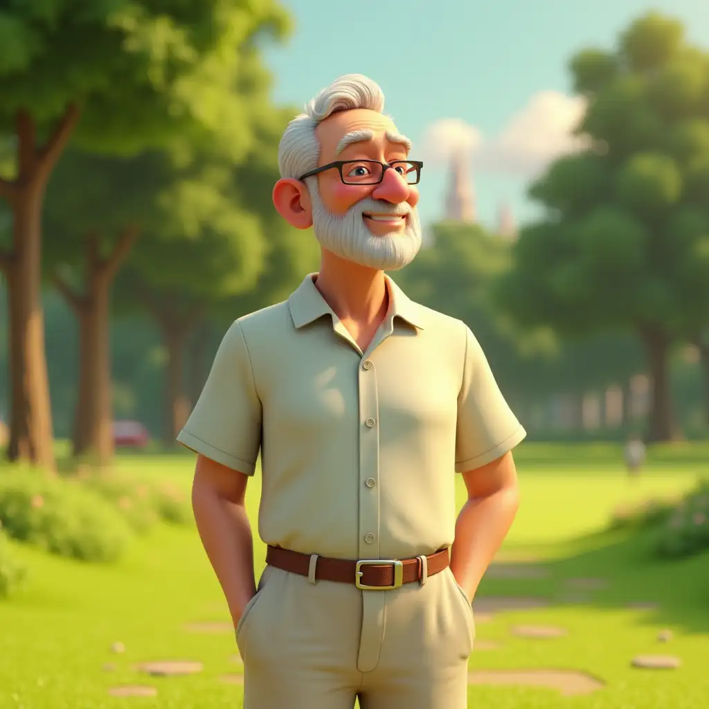 A 3D graphic close-up of an older man standing in a park. He is wearing a light-colored button-up shirt and light pants, with a relaxed posture. Surrounding him are green grass, trees, and vibrant park scenery in the background, creating a serene atmosphere. The image should convey warmth and vitality, featuring natural daylight highlighting the details of the man's clothing and the greenery