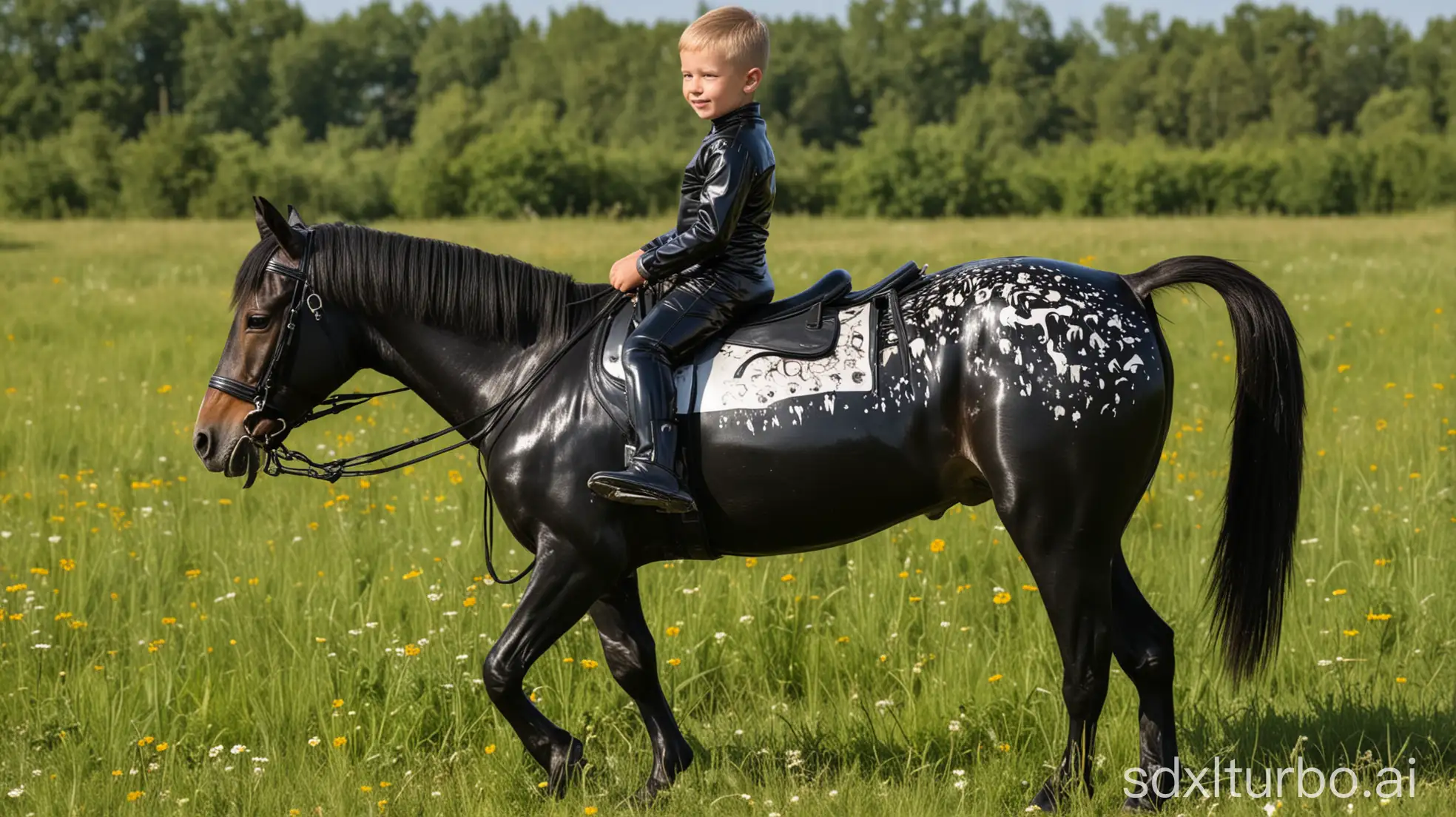 6 yo short-haired boy in a tight black shiny full rubber suit with pinto horse pattern in a meadow
