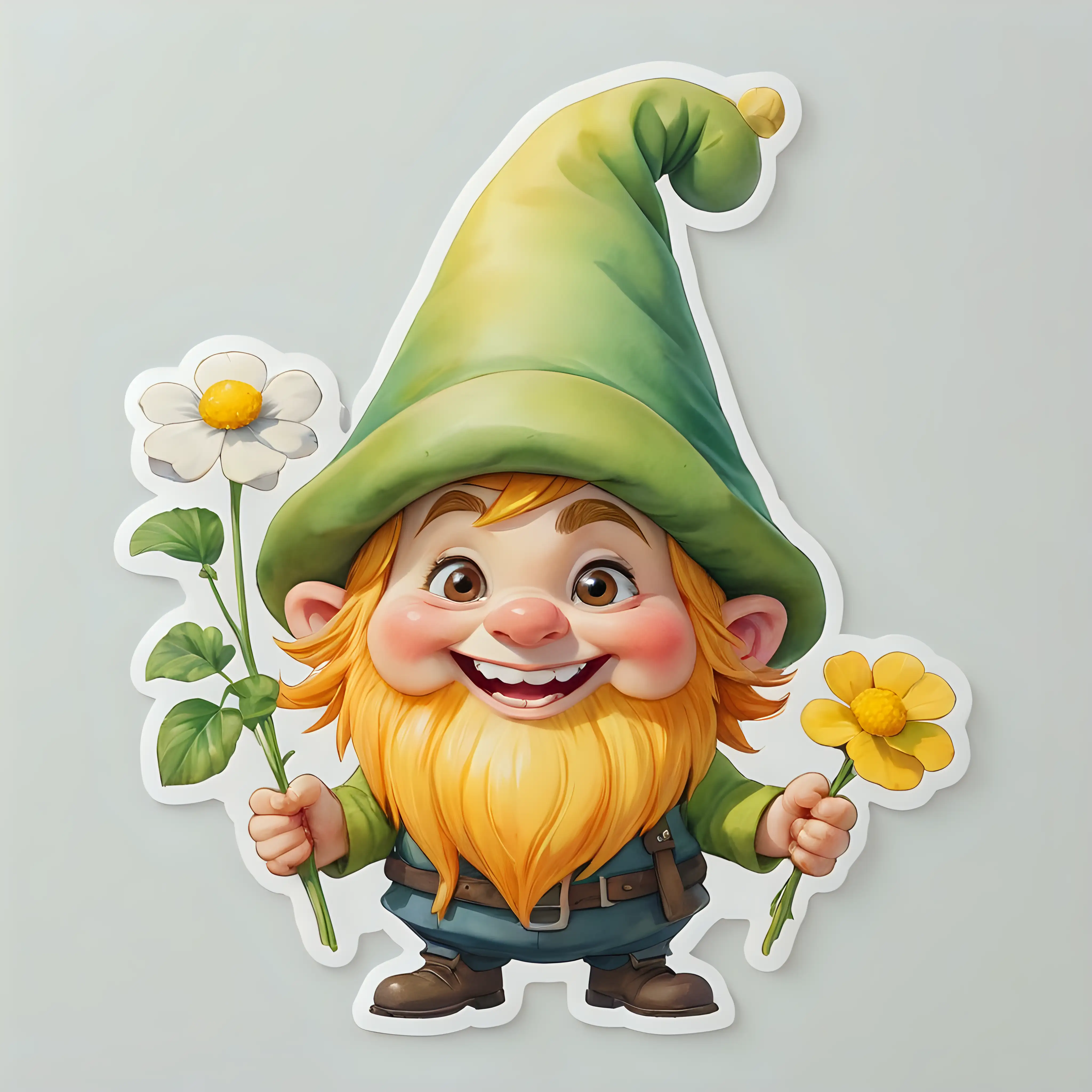 Cheerful Gnome with Yellow Hat Holding Flower and Clover