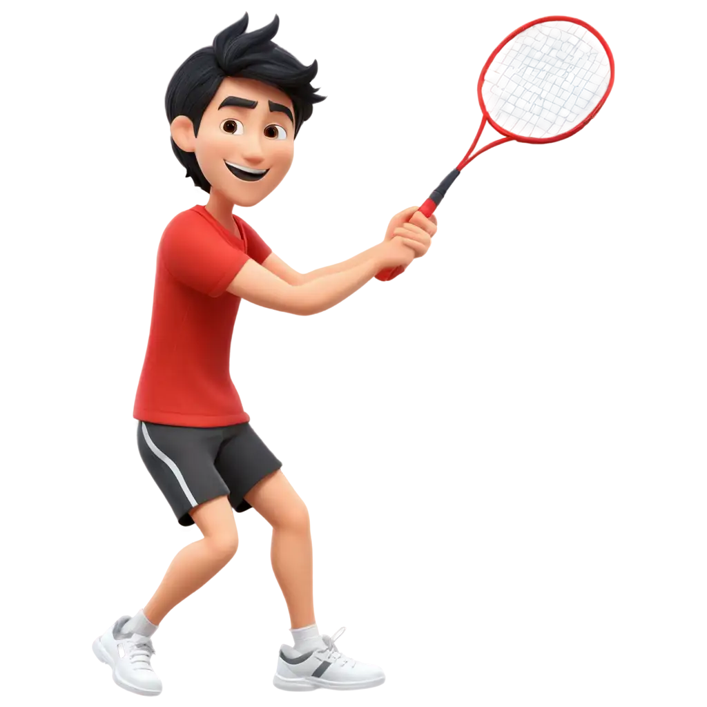 Cartoon-Badminton-Player-PNG-Image-Smiling-Man-in-Red-Tshirt-with-Racket-and-Black-Hair