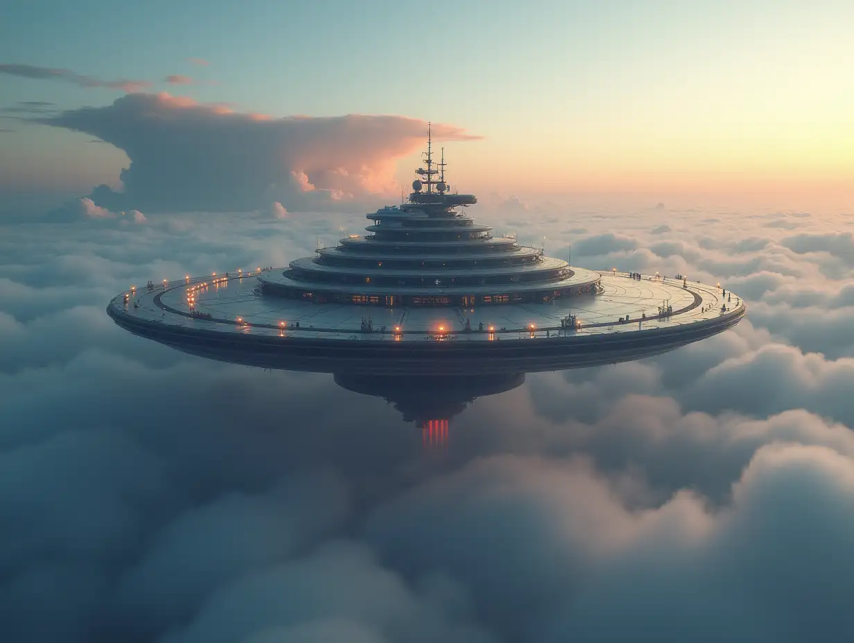 Large round spaceship station in the clouds