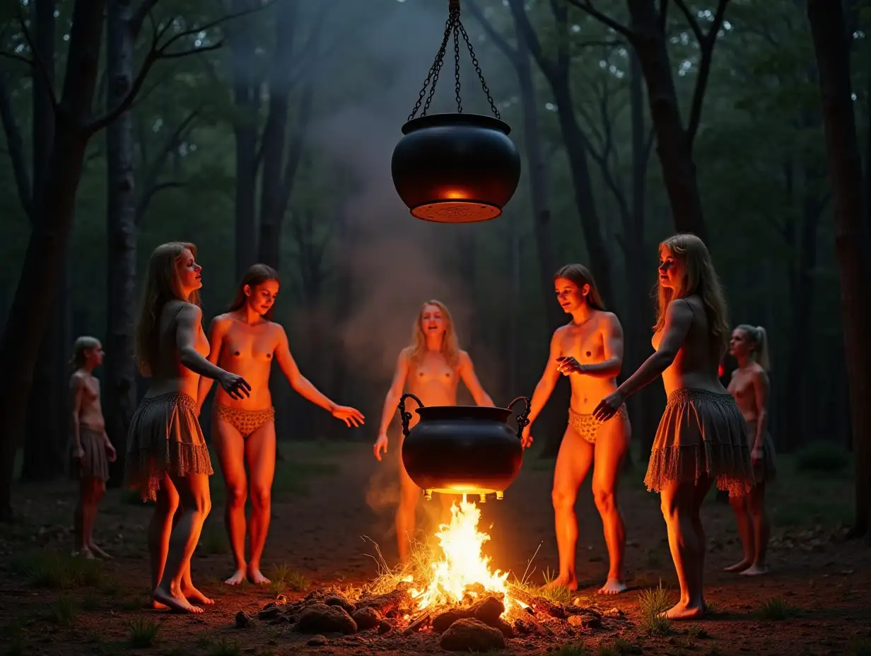 Naked witches dance around a bonfire at night, above which hangs a large cauldron with witch's potion.