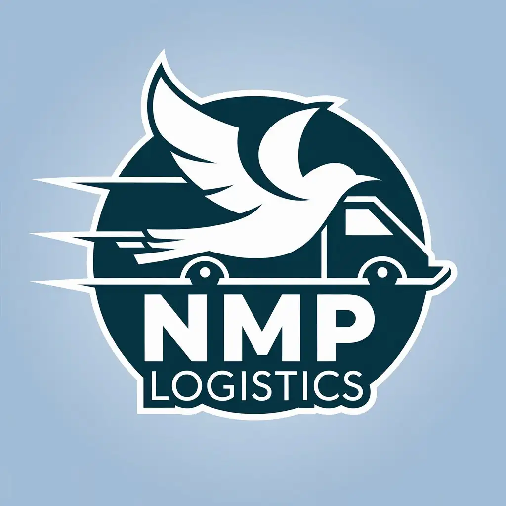 LOGO Design for NMP Logistics Dark Green Sky Blue Delivery Van with White Flying Bird Symbol