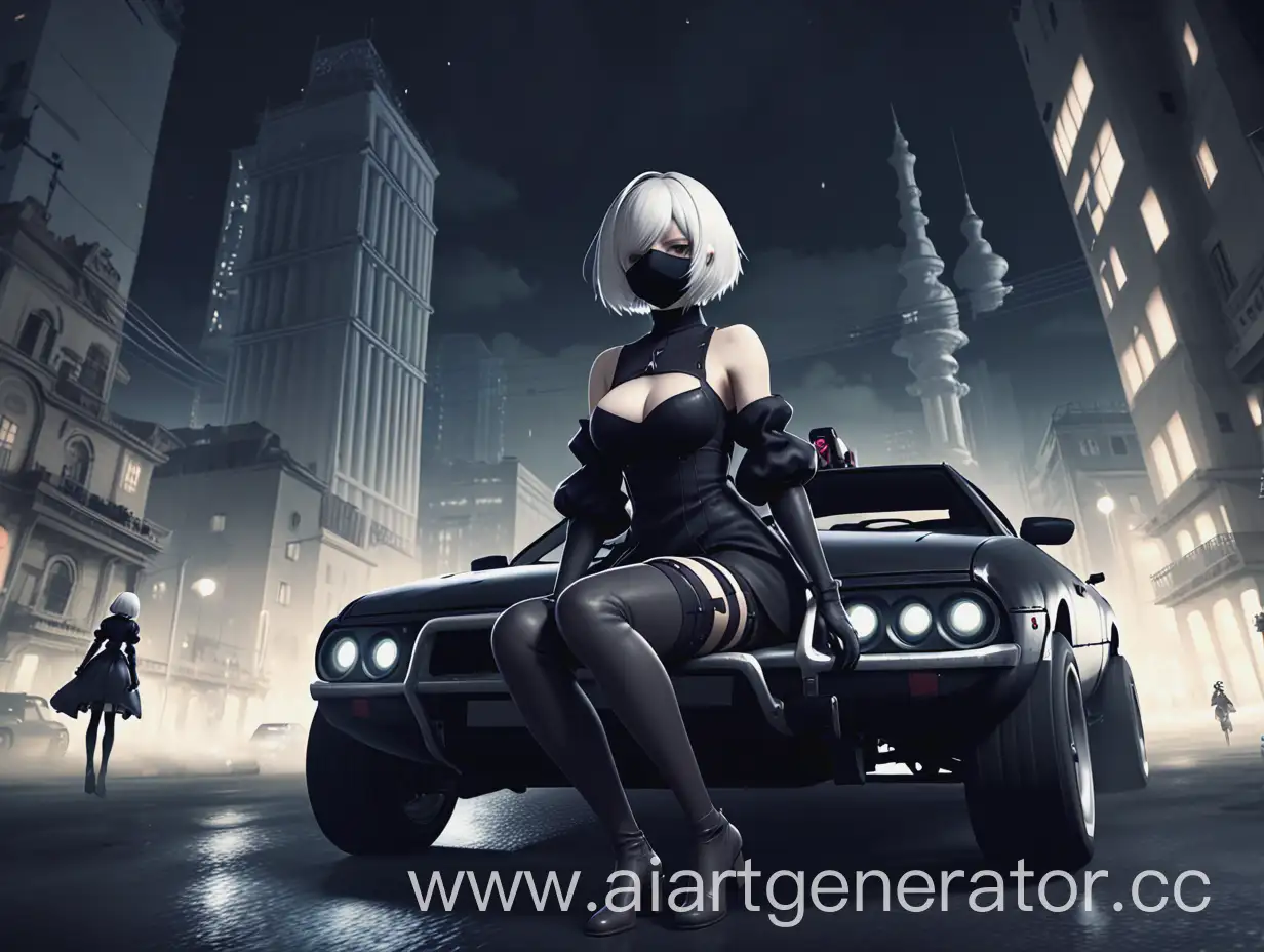 2B nier automata in the drifting car middle of city at night