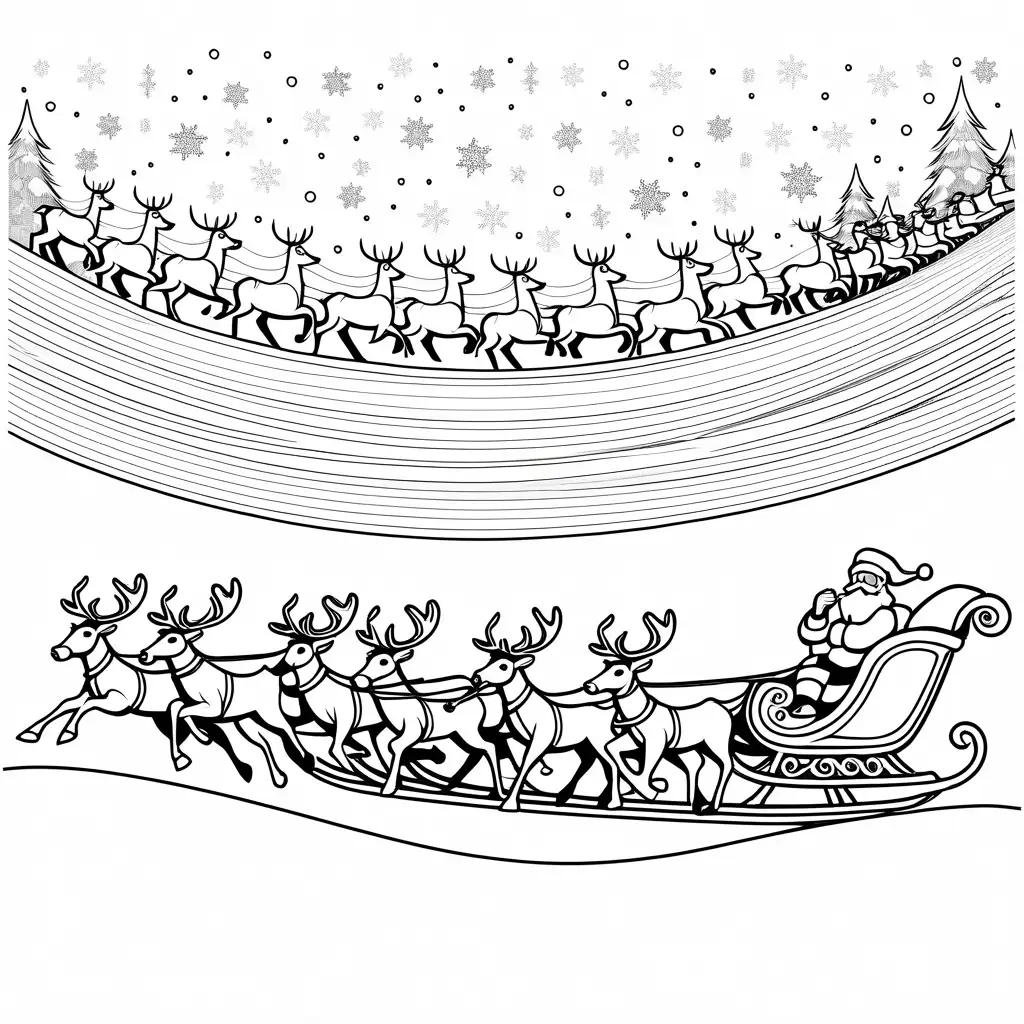 Santa-Claus-Flying-in-Sleigh-with-Reindeer-Christmas-Coloring-Page