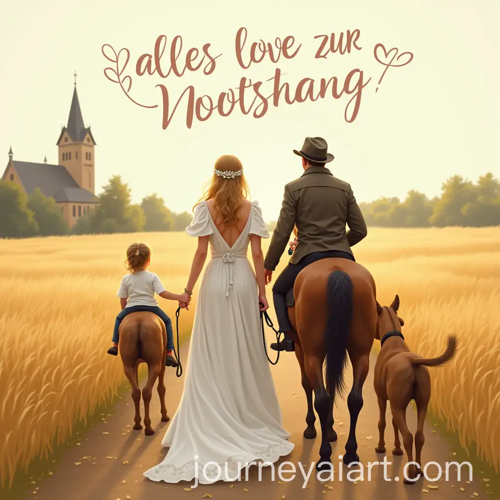 Bride-and-Groom-on-Their-Way-to-Wedding-Ceremony-with-Horse-and-Hunting-Dog