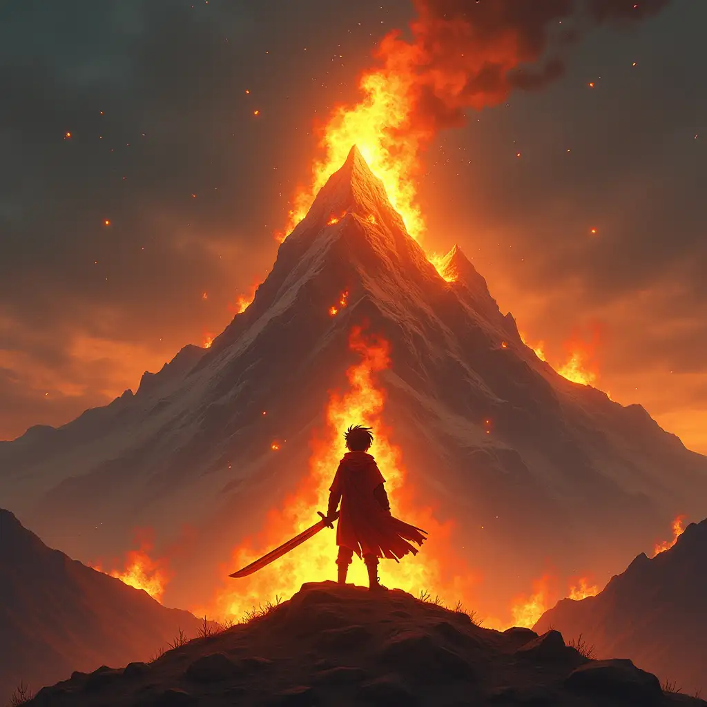 a mountain that is on fire and a boy is standing at the bottom with a 3 foot long sword double sided and his eyes are made of fire and he has clothes that have looks like they're on fire but they're not