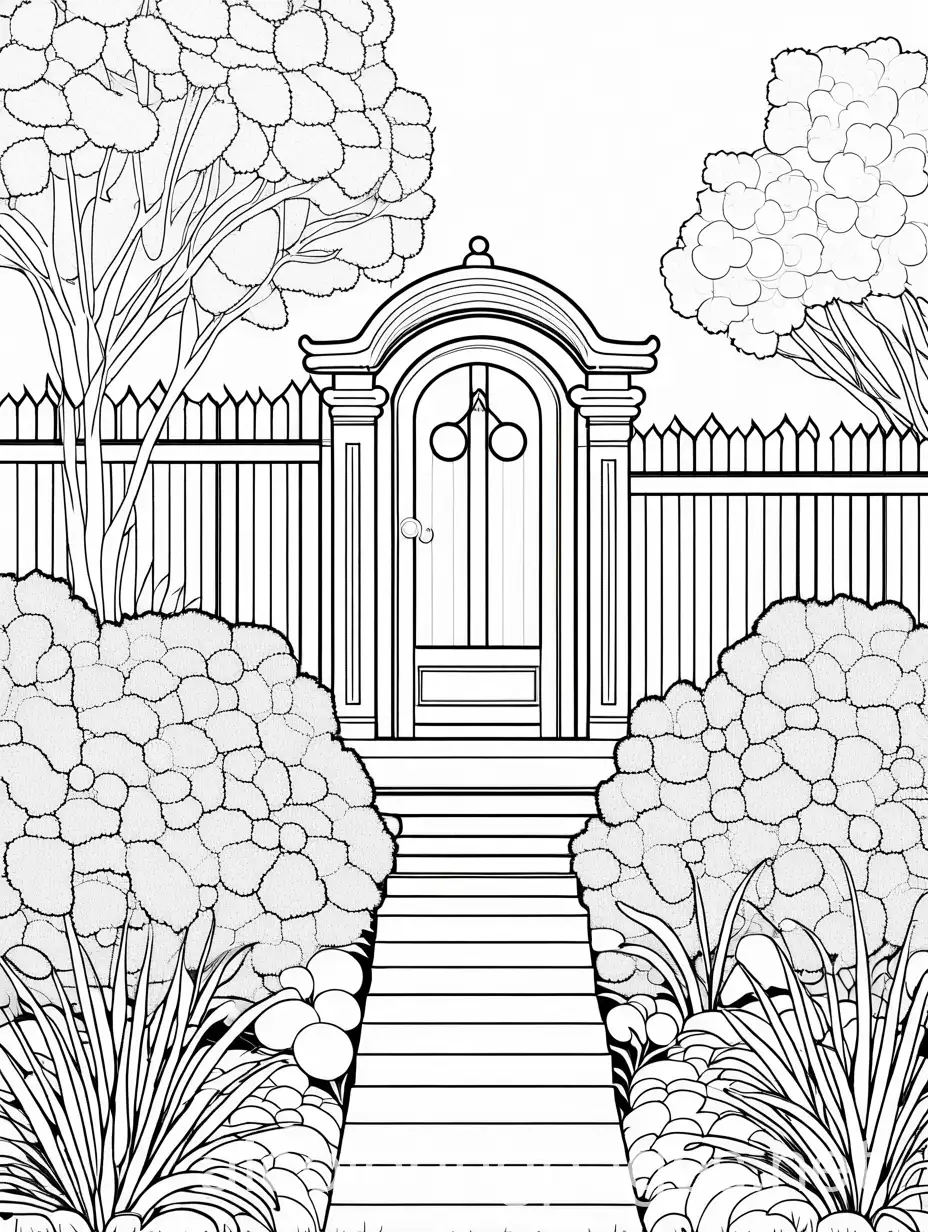 Gardens, Coloring Page, black and white, line art, white background, Simplicity, Ample White Space. The background of the coloring page is plain white to make it easy for young children to color within the lines. The outlines of all the subjects are easy to distinguish, making it simple for kids to color without too much difficulty, Coloring Page, black and white, line art, white background, Simplicity, Ample White Space. The background of the coloring page is plain white to make it easy for young children to color within the lines. The outlines of all the subjects are easy to distinguish, making it simple for kids to color without too much difficulty