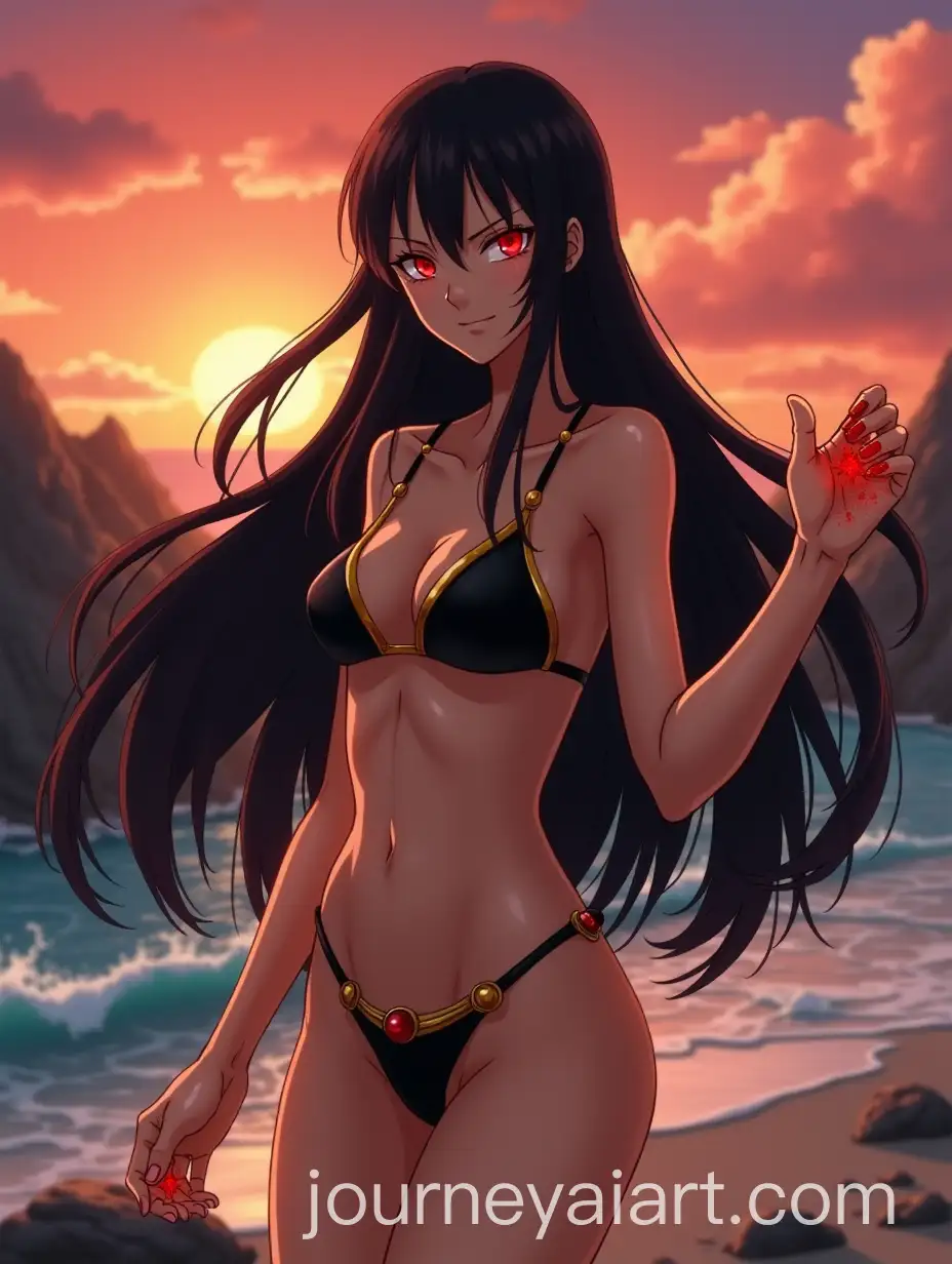 Nico-Robin-in-Black-Bikini-with-Sharingan-Eyes-on-Rocky-BeachAI-Image-Prompt-Expansion-at-Sunset