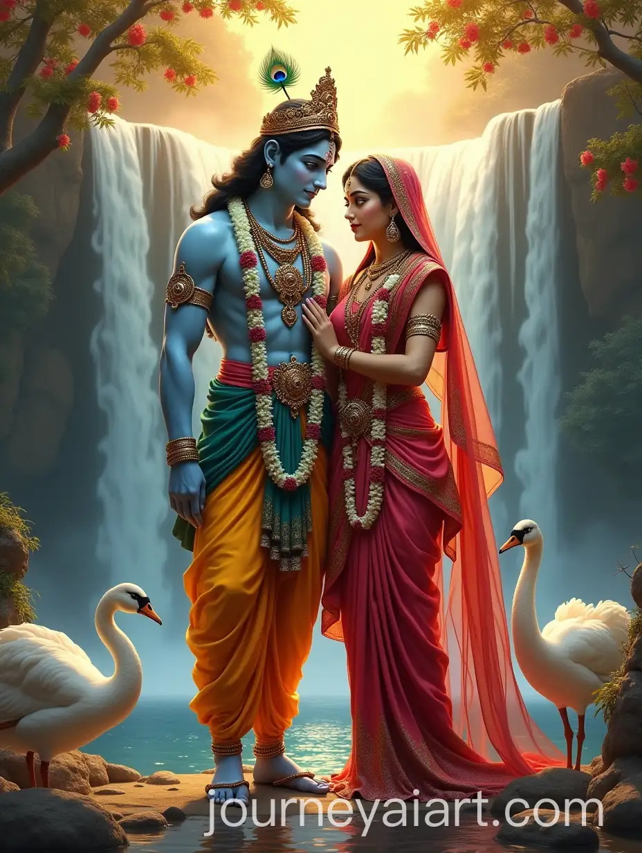 Radha-and-Krishna-Standing-Together-with-Peacock-Swan-Waterfall-and-Sun