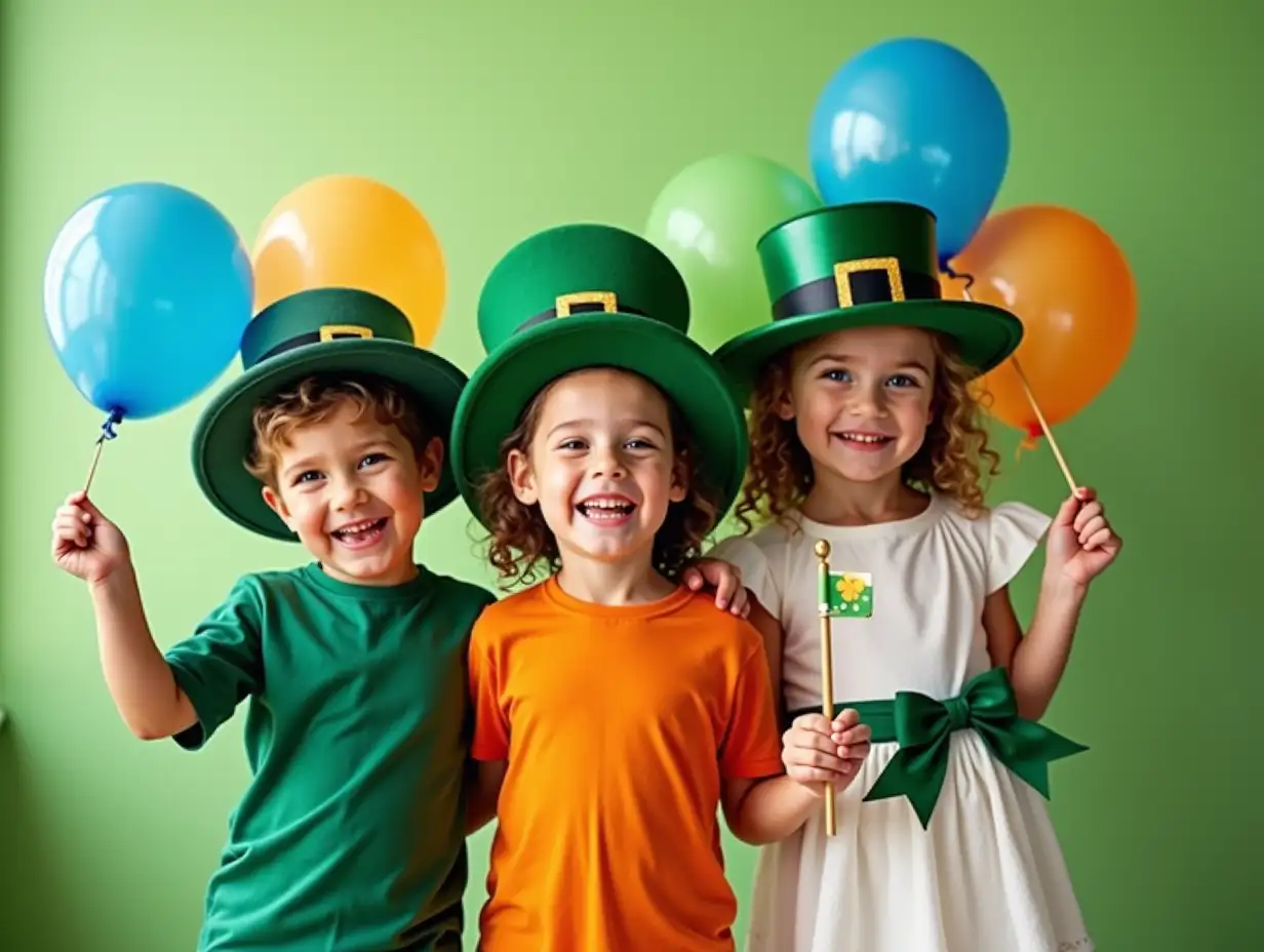 The cute children are wearing festive St. Patrick's Day costumes, with one child wearing a green shirt and a green top hat decorated with a gold buckle, another child wearing an orange shirt and a green hat, and a third child wearing a white dress with a green bow. Holding colorful balloons and a small flag, with a happy expression, soft natural light shining through the window, indoor scene, green background, ultra-fine, high-resolution,