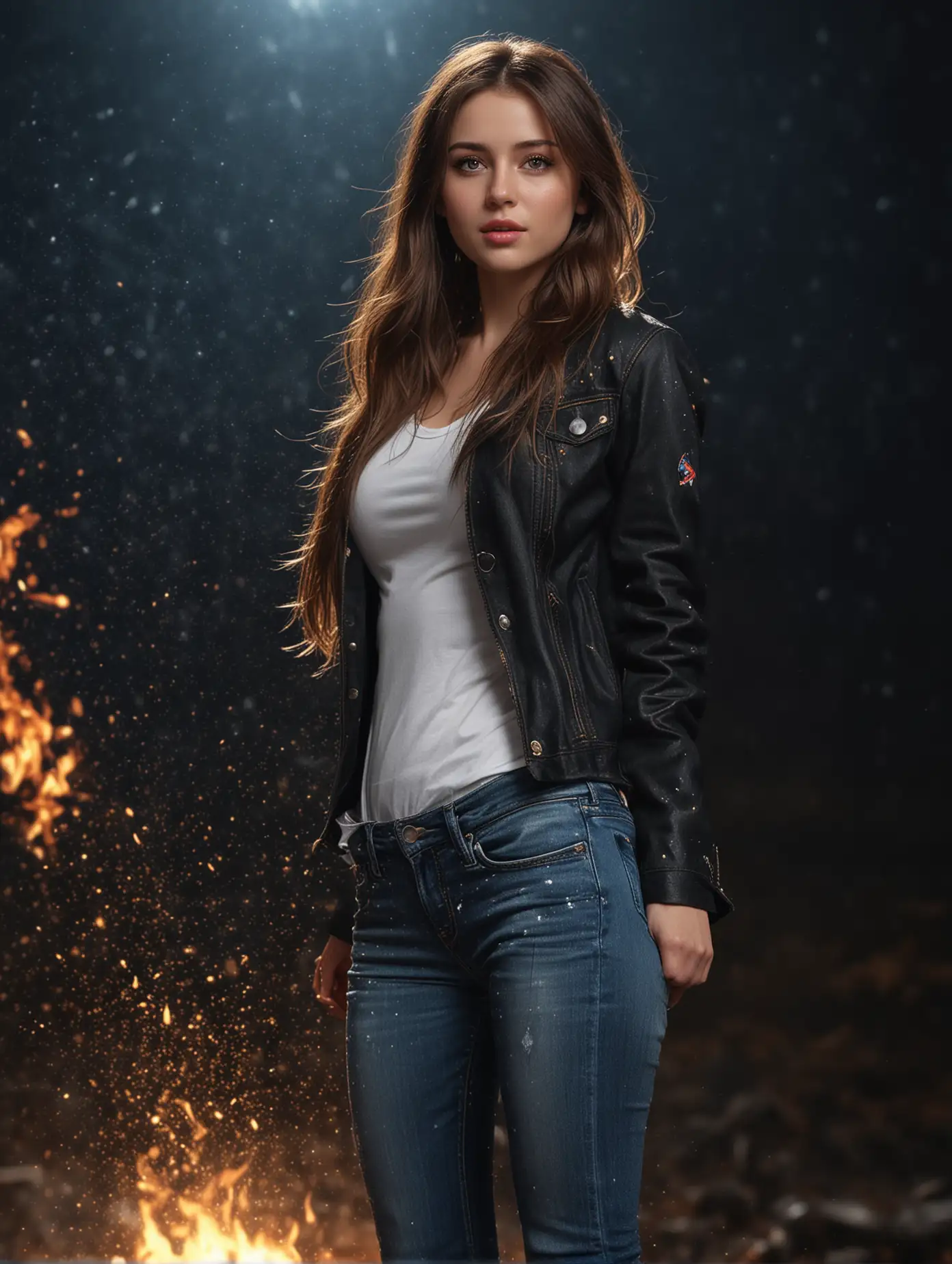 Person-in-Black-Jacket-and-Blue-Jeans-Standing-in-Front-of-Fire-with-Golden-Sparkling-Rain