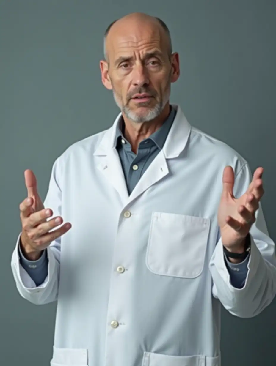 A Caucasian man, about 30 years old, bald, wearing this white lab coat, sharing knowledge seriously, with body movements, mid shot