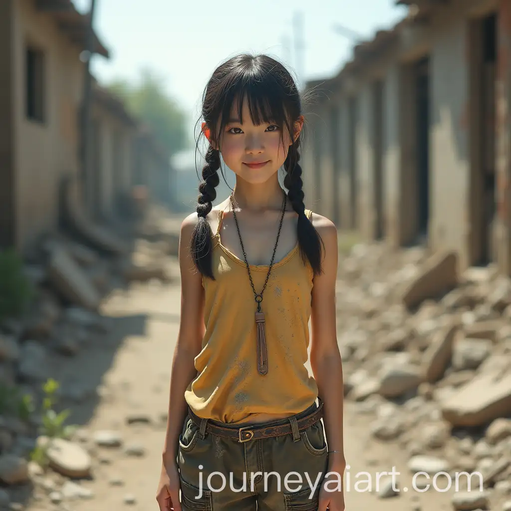 Asian-Woman-in-PostApocalyptic-World-with-Pigtails-Smiling-and-Wearing-Casual-Summer-Clothes