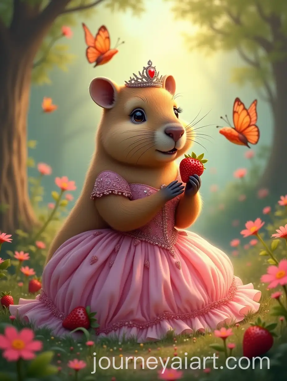 Female-Capybara-Princess-in-Magical-Forest-Eating-Fresh-Strawberries