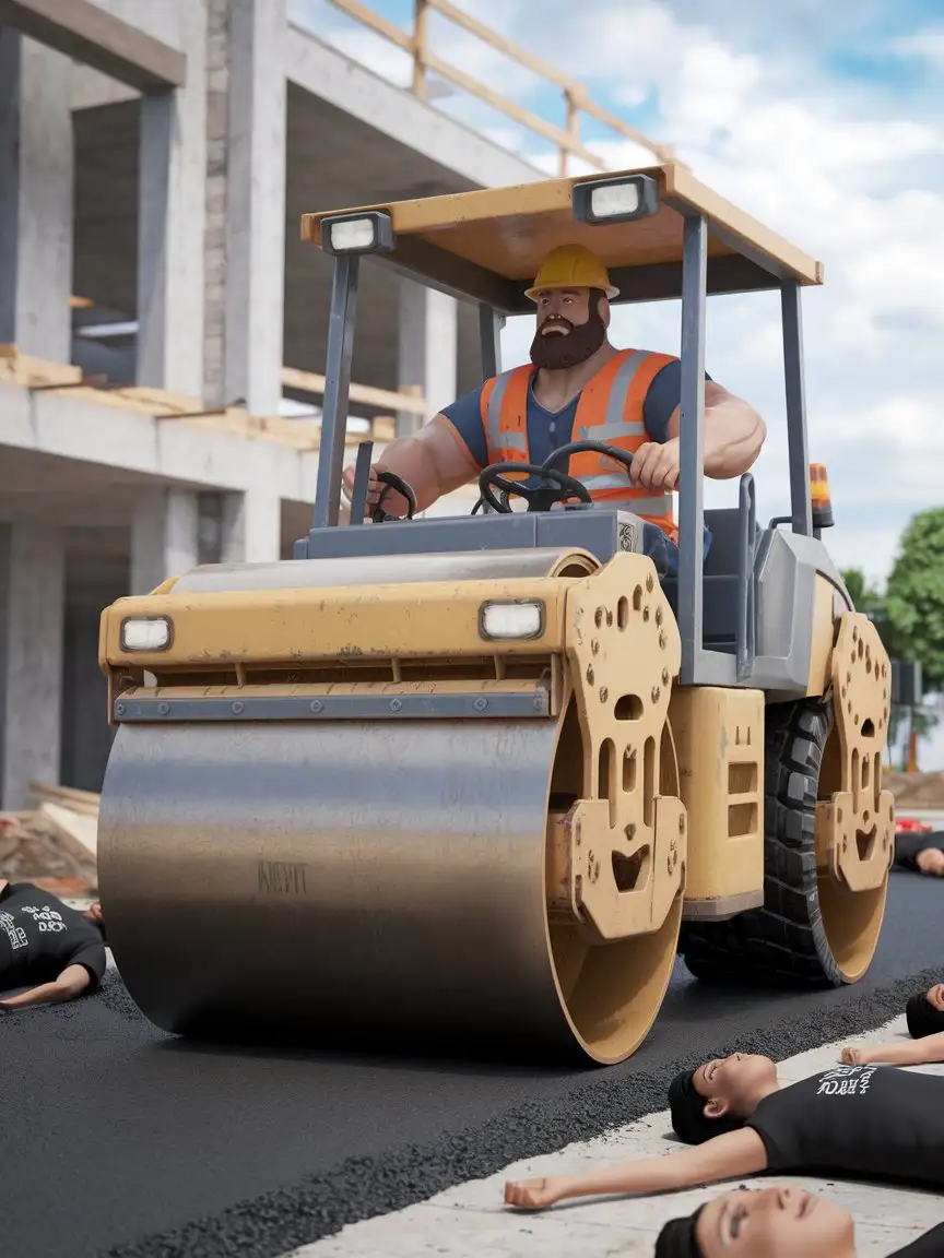 Strong-Man-Driving-an-Asphalt-Roller-Over-People-in-Black-TShirts